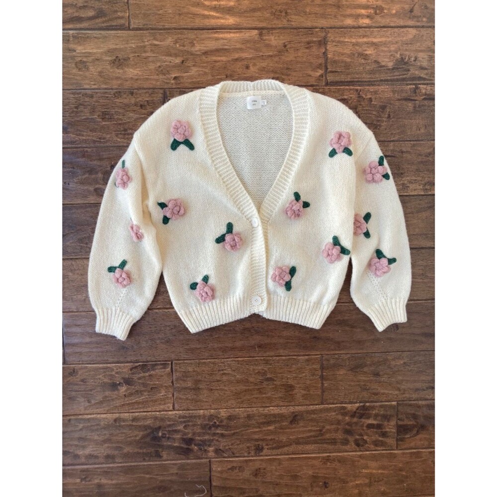 Luna Ivy Cream XS Cardigan Sweater 3D Pink Flower Roses Cottagecore